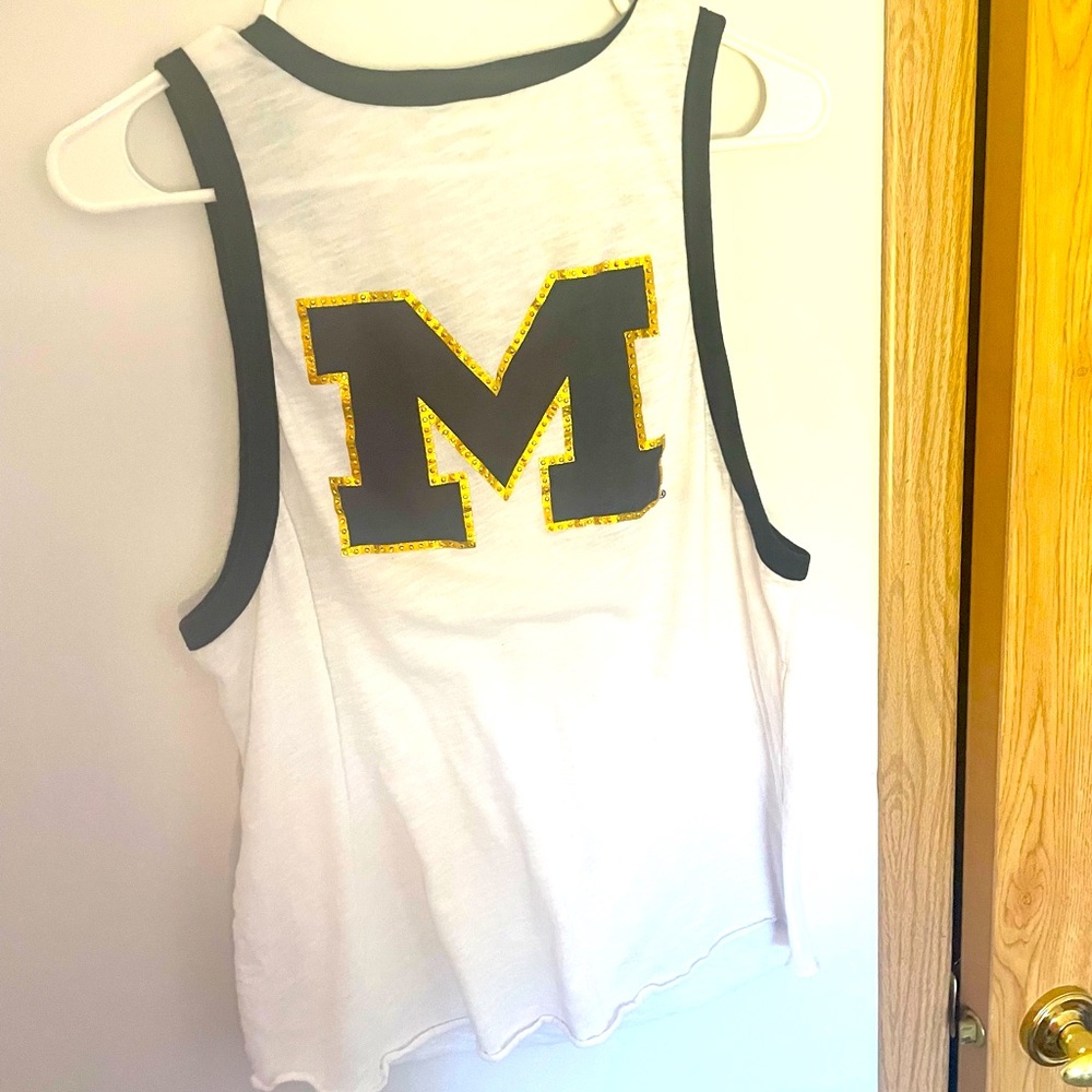 PINK U of M White and Navy Rhinestone Tank Top Size M